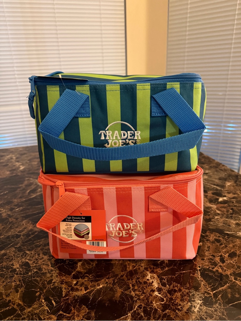 Set of Two (2) Trader Joe’s Mini Insulated Bags - Blue/Green & Red/Pink